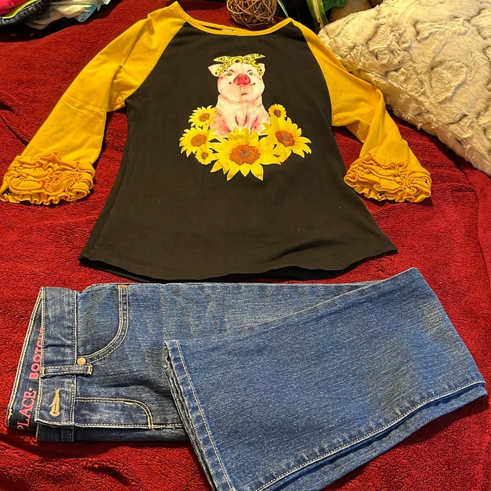 🌻 2 PC set For Sunflowers Pig Lovers/Girls SZ 10-12 pants & long sleeve top EUC